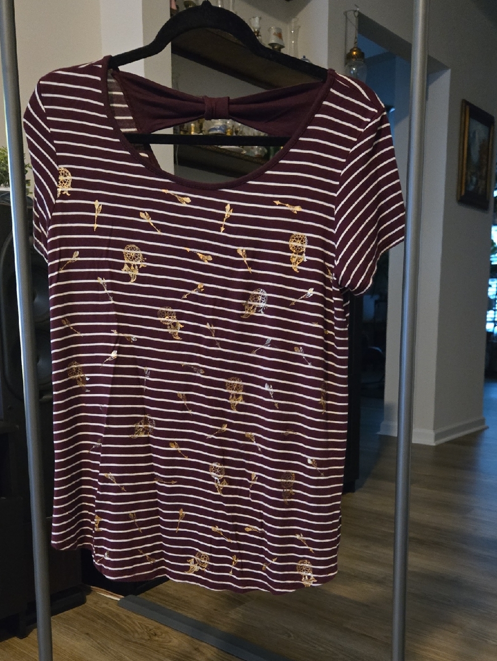 Striped White And Burgundy Tee With Arrow And Feather Details